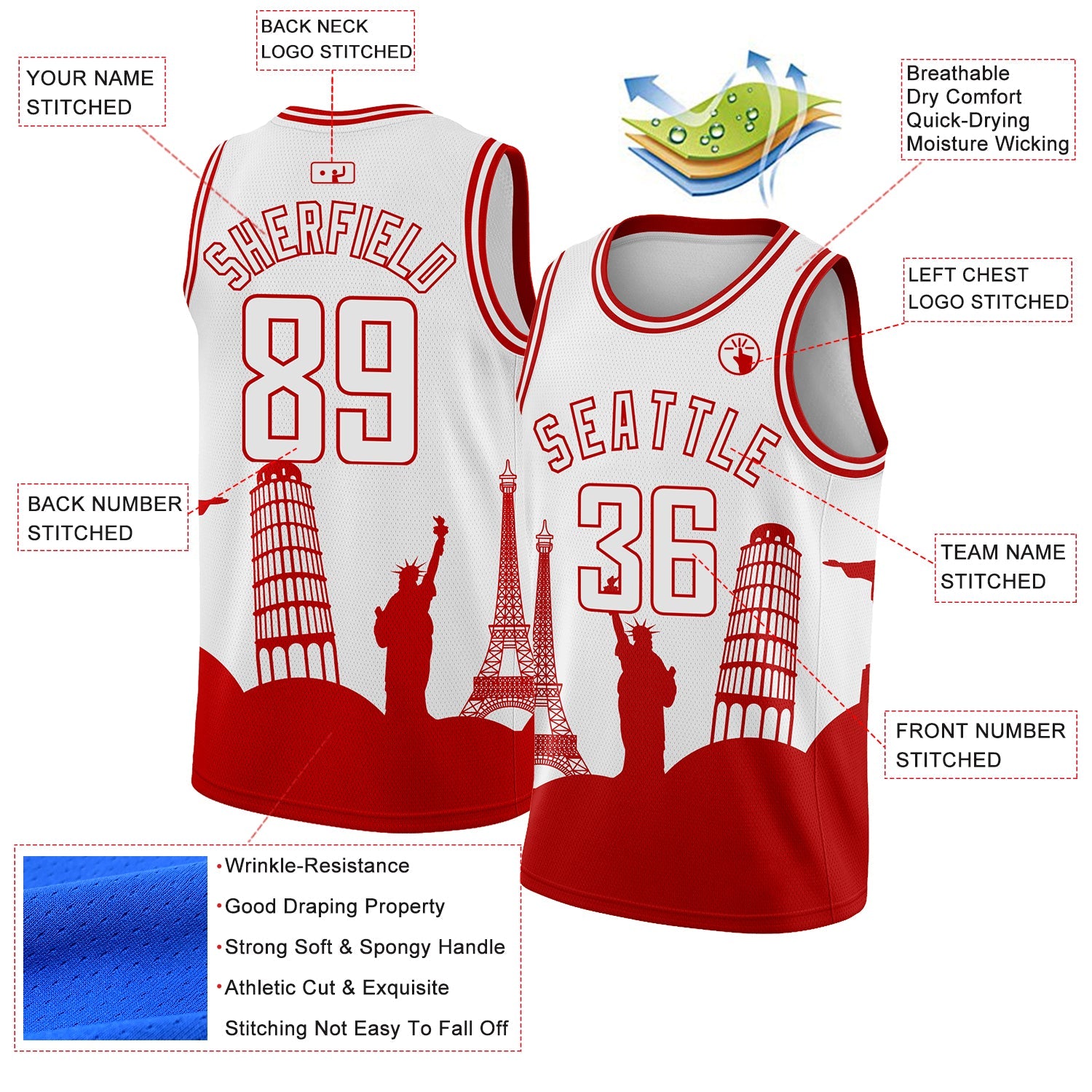 Custom White Red Holiday Travel Monuments Silhouette Authentic City Edition Basketball Jersey view 2