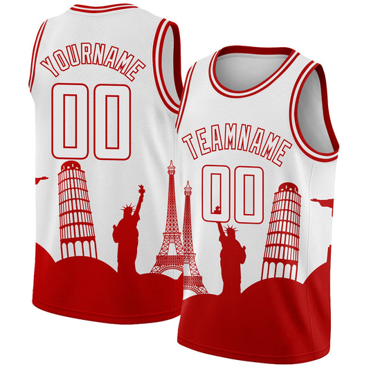 Custom White Red Holiday Travel Monuments Silhouette Authentic City Edition Basketball Jersey - Main View