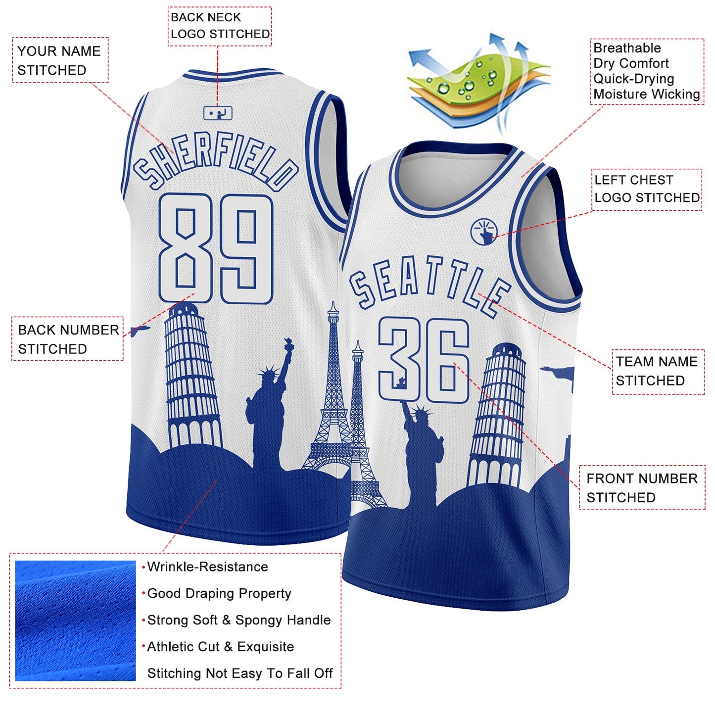 Custom White Royal Holiday Travel Monuments Silhouette Authentic City Edition Basketball Jersey view 2