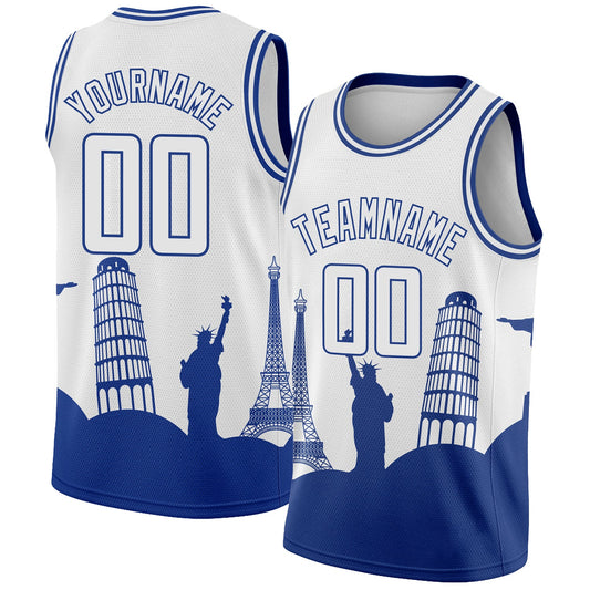 Custom White Royal Holiday Travel Monuments Silhouette Authentic City Edition Basketball Jersey - Main View