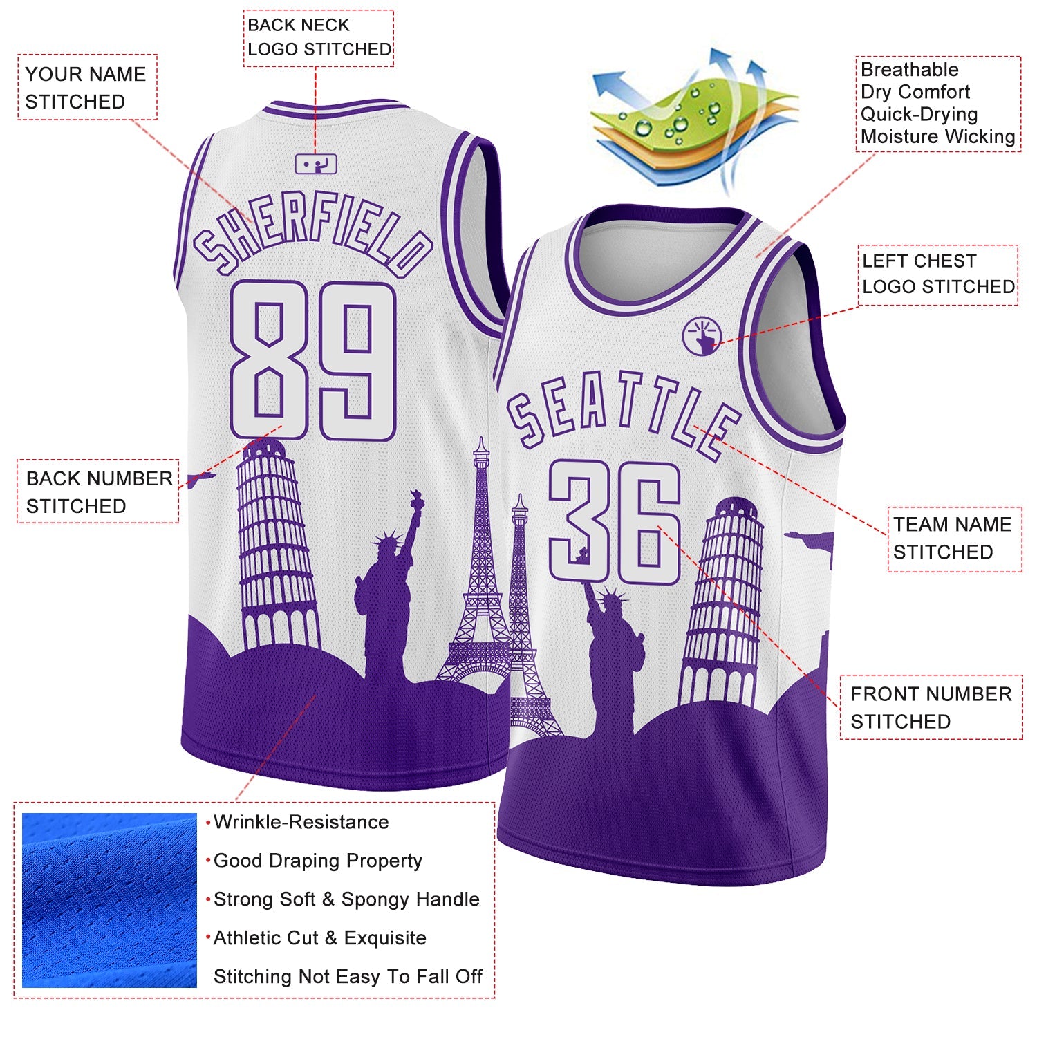 Custom White Purple Holiday Travel Monuments Silhouette Authentic City Edition Basketball Jersey view 2