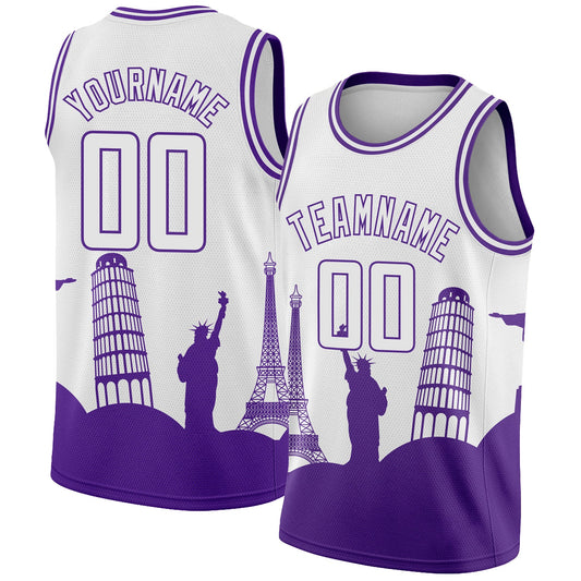 Custom White Purple Holiday Travel Monuments Silhouette Authentic City Edition Basketball Jersey - Main View