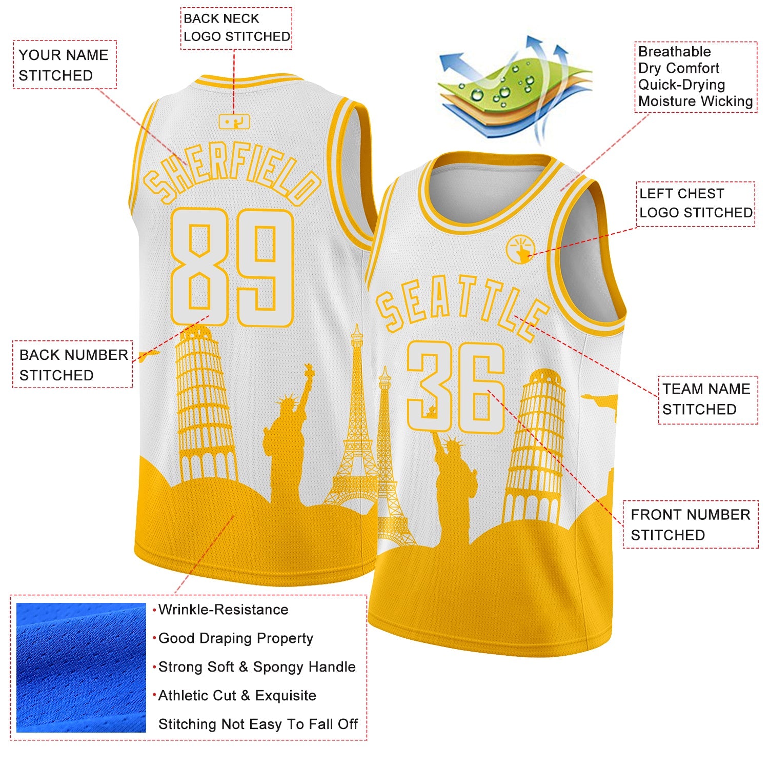 Custom White Gold Holiday Travel Monuments Silhouette Authentic City Edition Basketball Jersey view 2