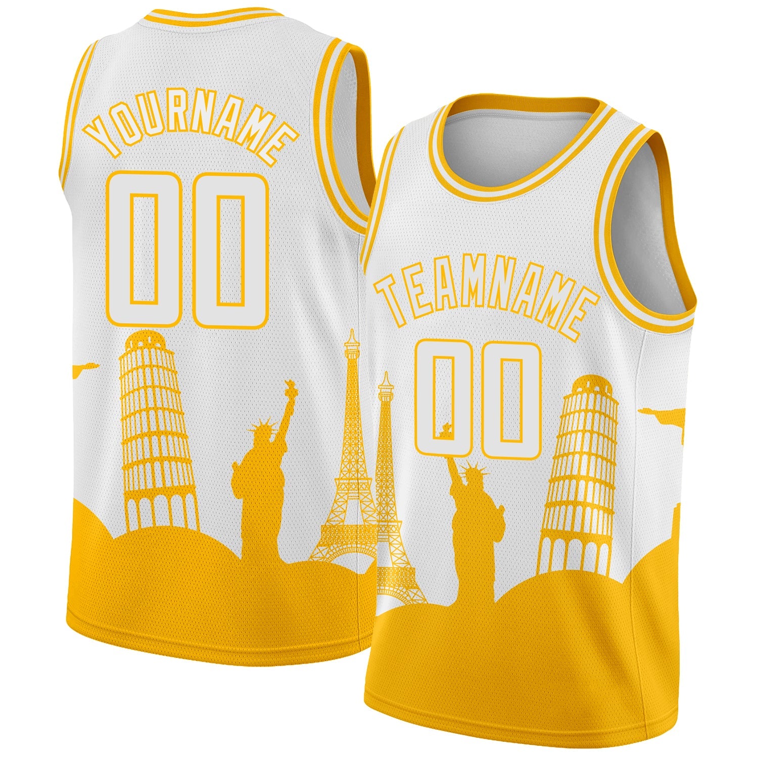 Custom White Gold Holiday Travel Monuments Silhouette Authentic City Edition Basketball Jersey - Main View