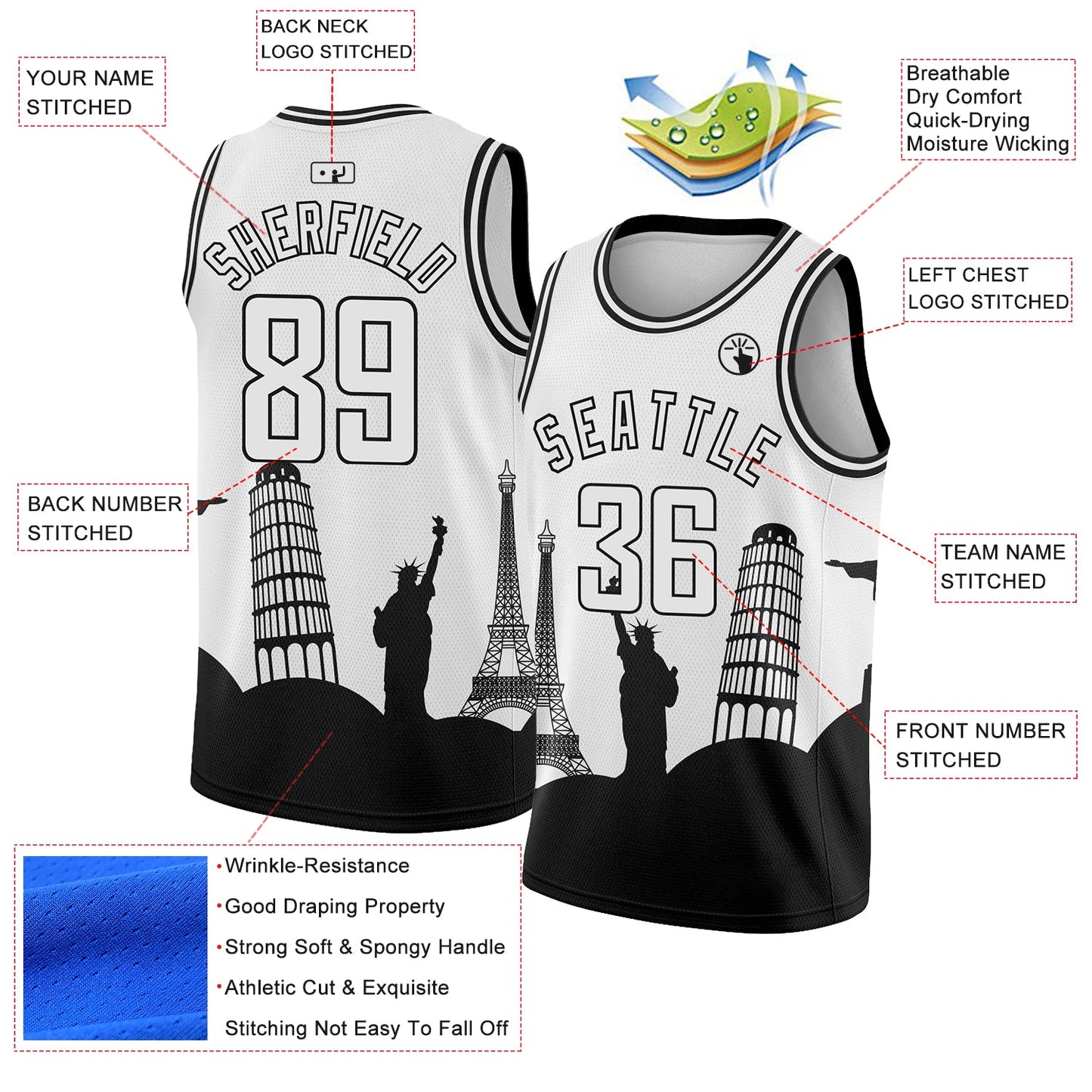 Custom White Black Holiday Travel Monuments Silhouette Authentic City Edition Basketball Jersey view 2