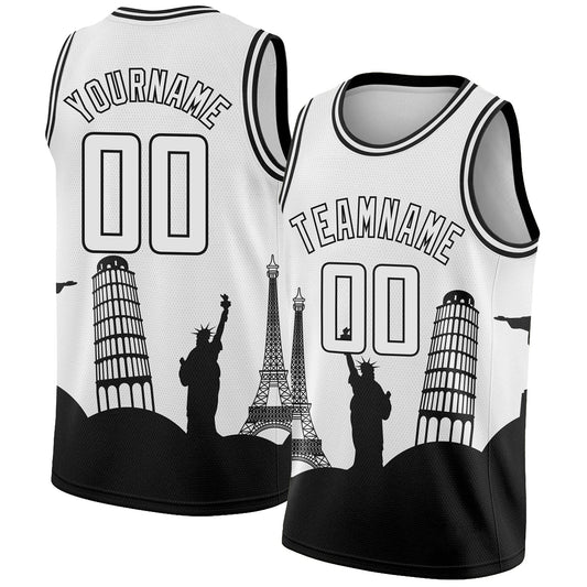 Custom White Black Holiday Travel Monuments Silhouette Authentic City Edition Basketball Jersey - Main View