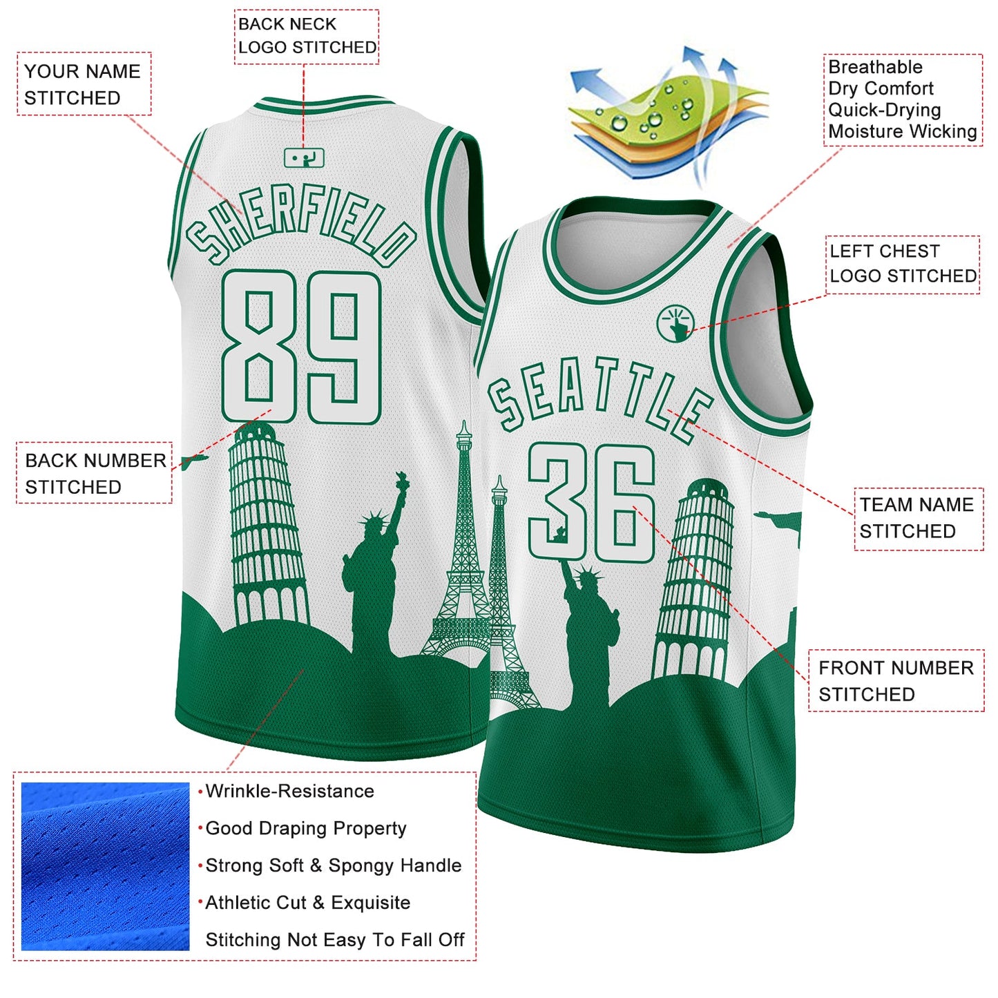 Custom White Kelly Green Holiday Travel Monuments Silhouette Authentic City Edition Basketball Jersey view 2