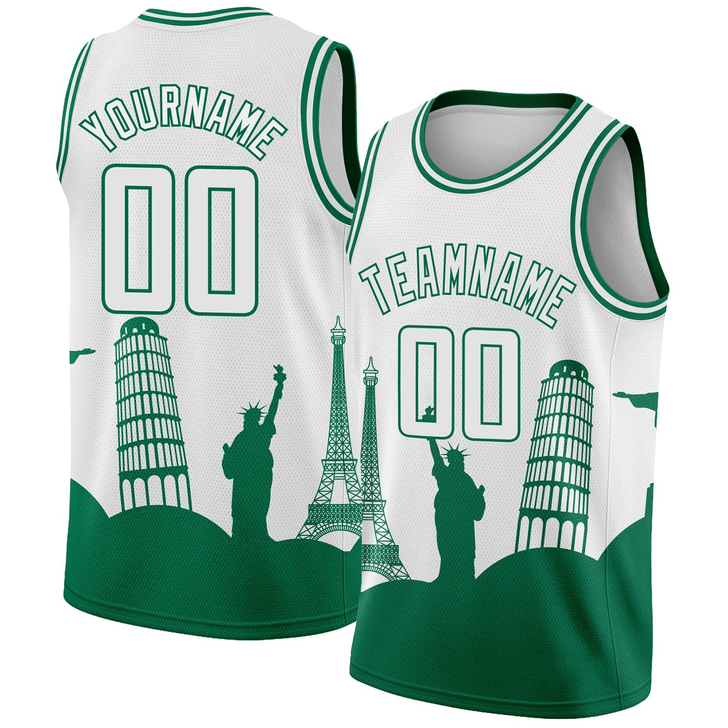 Custom White Kelly Green Holiday Travel Monuments Silhouette Authentic City Edition Basketball Jersey - Main View