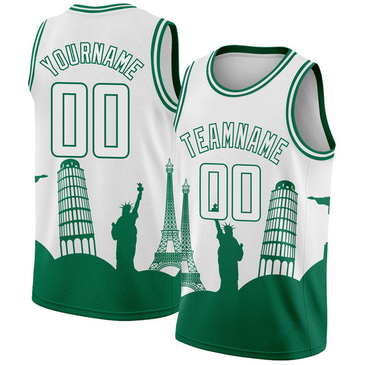 Custom White Kelly Green Holiday Travel Monuments Silhouette Authentic City Edition Basketball Jersey - Main View