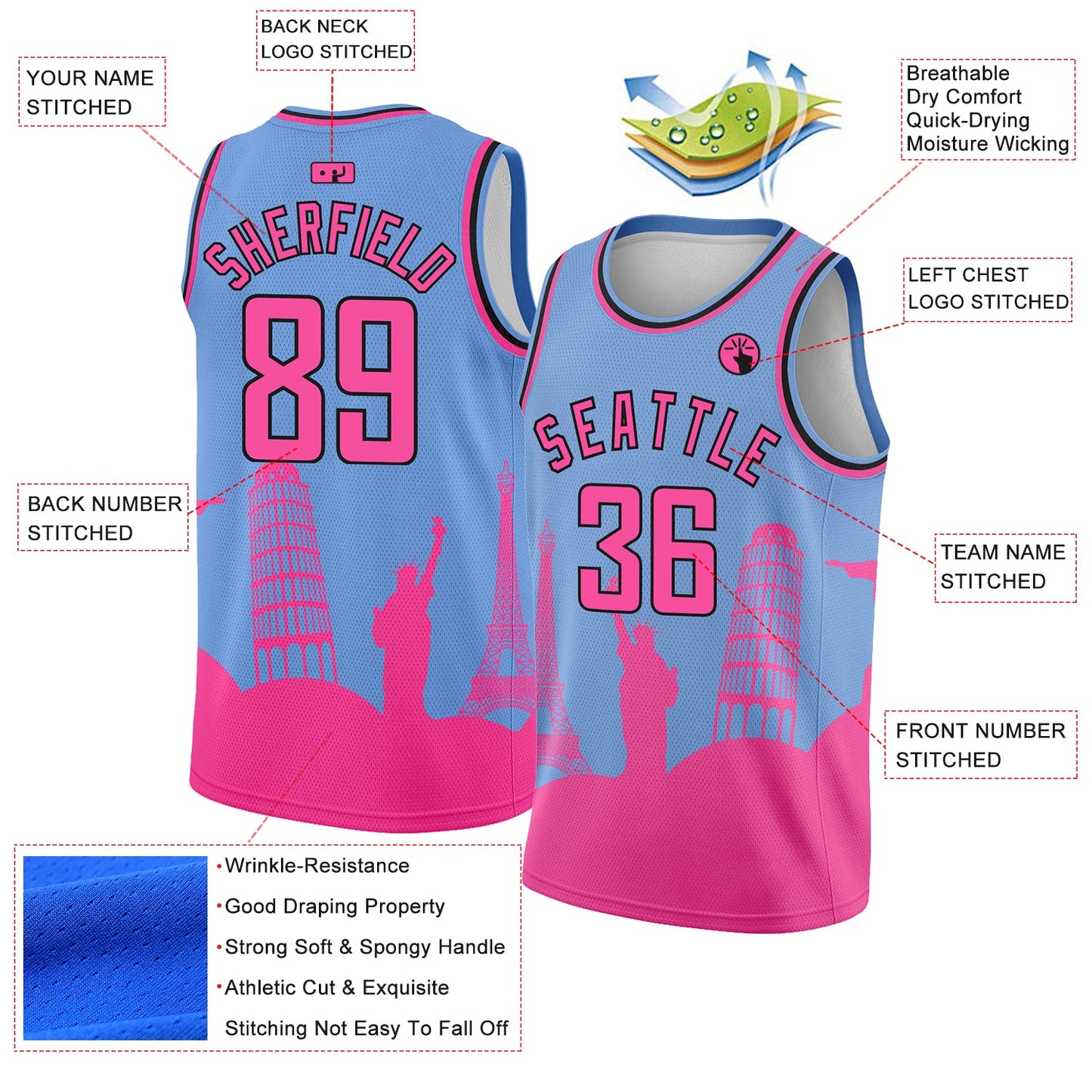 Custom Light Blue Pink-Black Holiday Travel Monuments Silhouette Authentic City Edition Basketball Jersey view 2