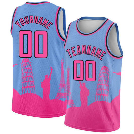 Custom Light Blue Pink-Black Holiday Travel Monuments Silhouette Authentic City Edition Basketball Jersey - Main View