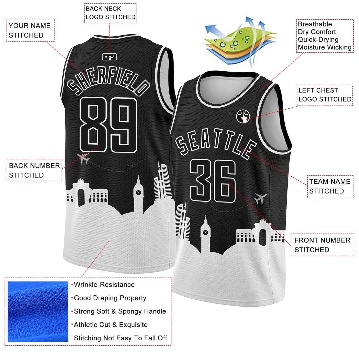 Custom Black White Holiday Travel Monuments Silhouette Authentic City Edition Basketball Jersey view 2
