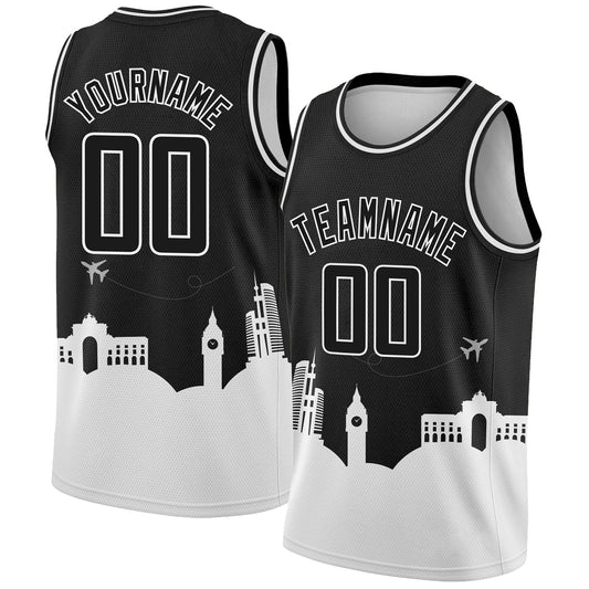 Custom Black White Holiday Travel Monuments Silhouette Authentic City Edition Basketball Jersey - Main View