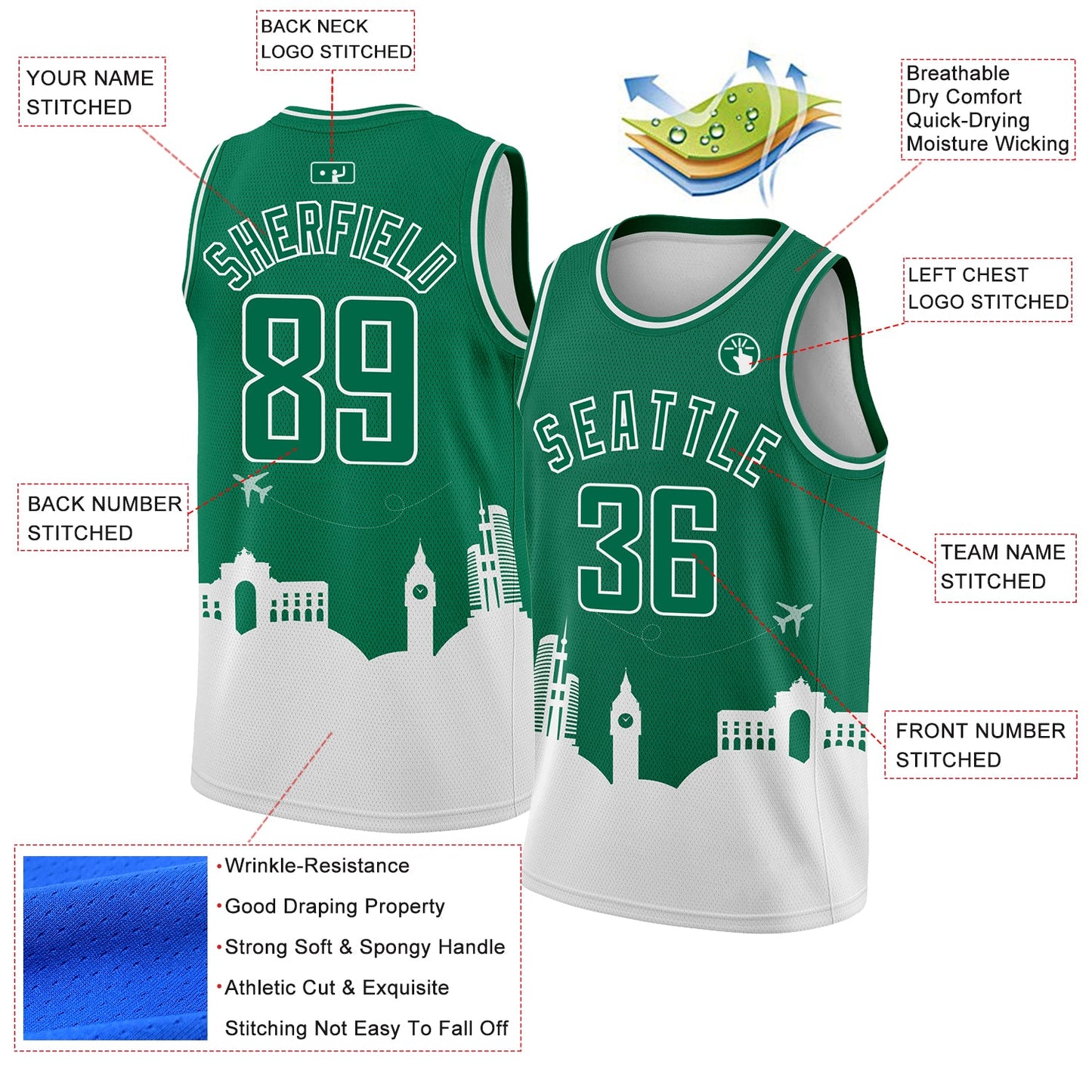 Custom Kelly Green White Holiday Travel Monuments Silhouette Authentic City Edition Basketball Jersey view 2