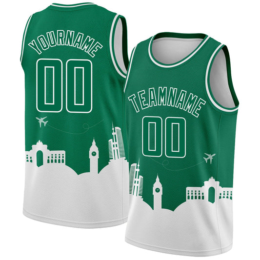 Custom Kelly Green White Holiday Travel Monuments Silhouette Authentic City Edition Basketball Jersey - Main View