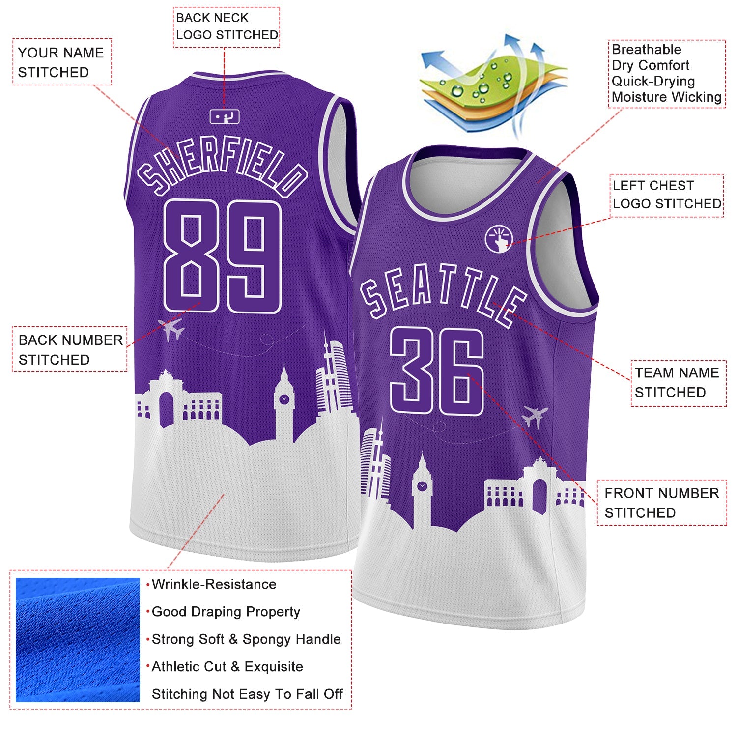 Custom Purple White Holiday Travel Monuments Silhouette Authentic City Edition Basketball Jersey view 2