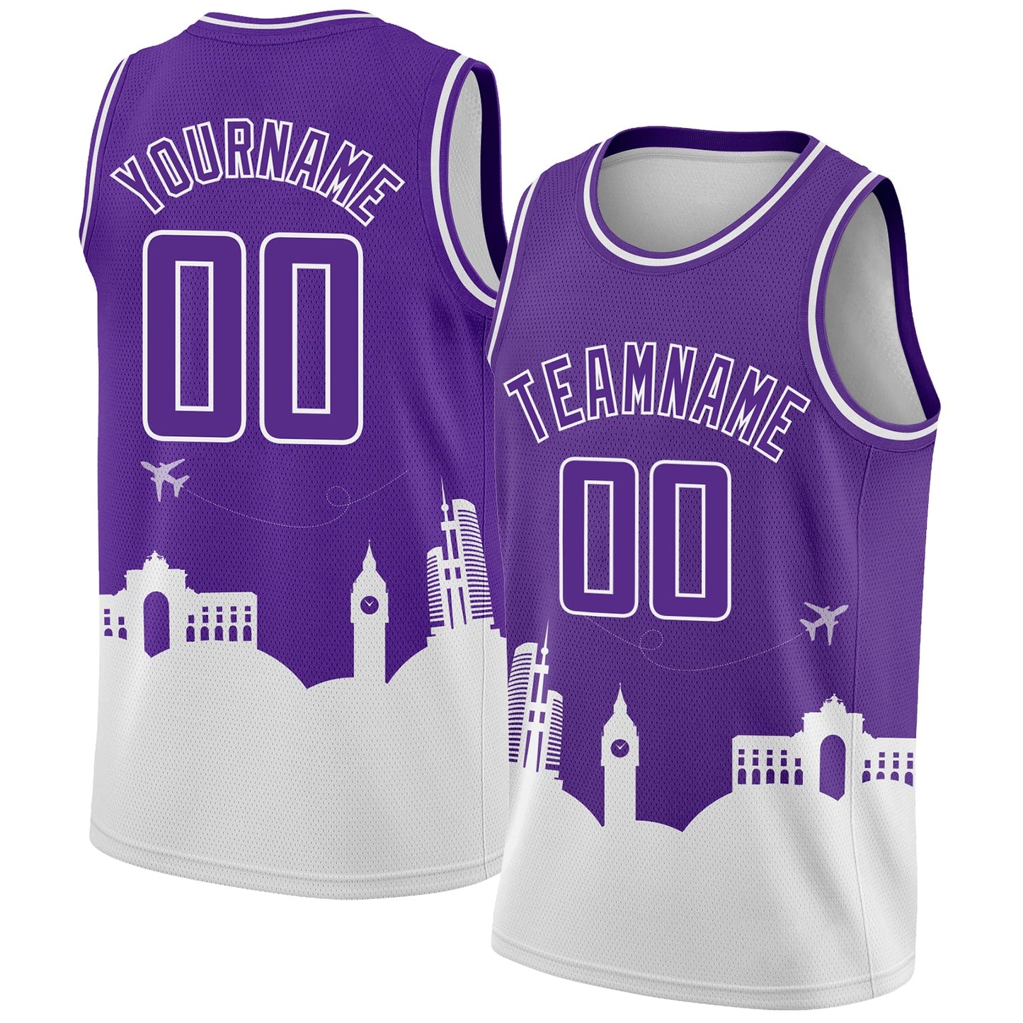 Custom Purple White Holiday Travel Monuments Silhouette Authentic City Edition Basketball Jersey - Main View