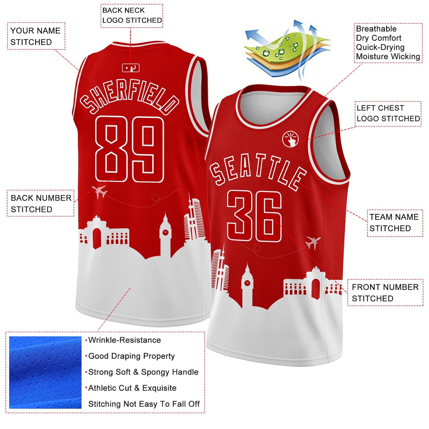 Custom Red White Holiday Travel Monuments Silhouette Authentic City Edition Basketball Jersey view 2
