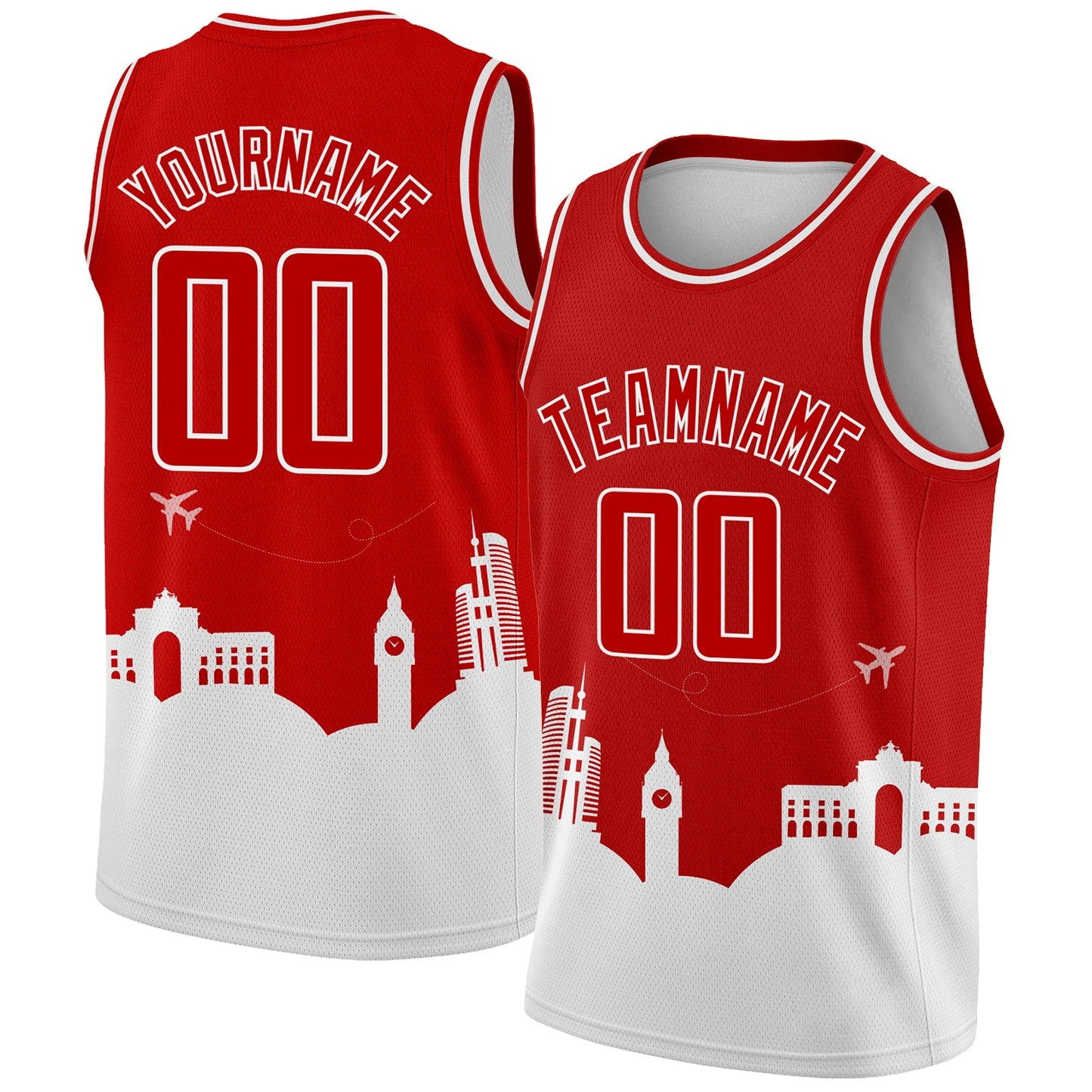 Custom Red White Holiday Travel Monuments Silhouette Authentic City Edition Basketball Jersey - Main View