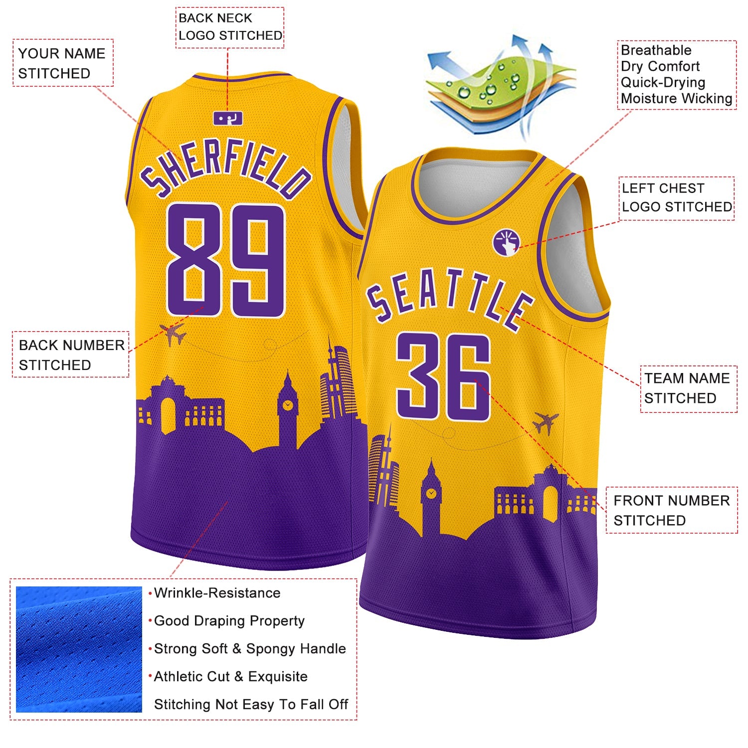 Custom Gold Purple-White Holiday Travel Monuments Silhouette Authentic City Edition Basketball Jersey view 2