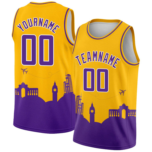 Custom Gold Purple-White Holiday Travel Monuments Silhouette Authentic City Edition Basketball Jersey - Main View