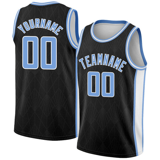 Custom Black Light Blue-White Geometric Shapes And Side Stripes Authentic City Edition Basketball Jersey - Main View