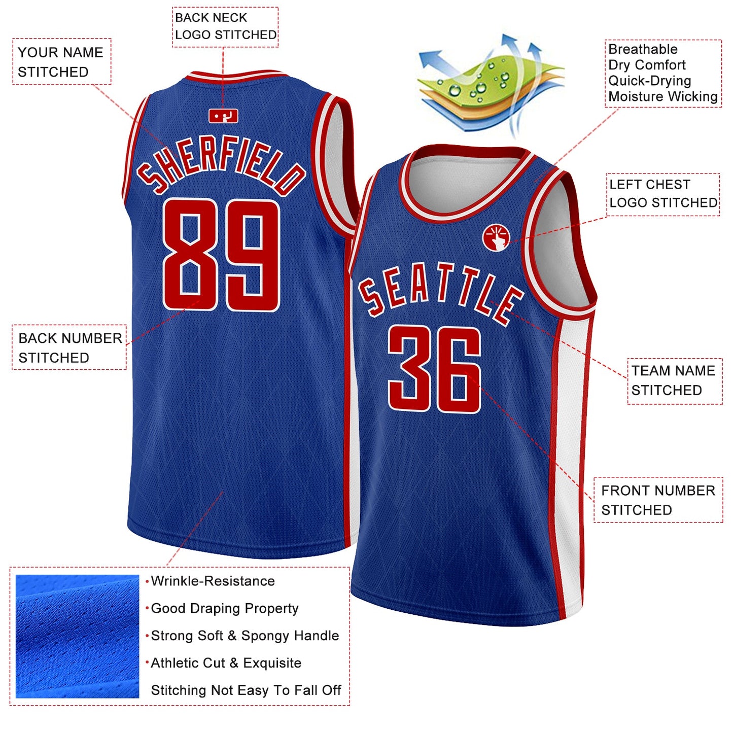 Custom Royal Red-White Geometric Shapes And Side Stripes Authentic City Edition Basketball Jersey view 2