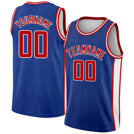 Custom Royal Red-White Geometric Shapes And Side Stripes Authentic City Edition Basketball Jersey - Main View