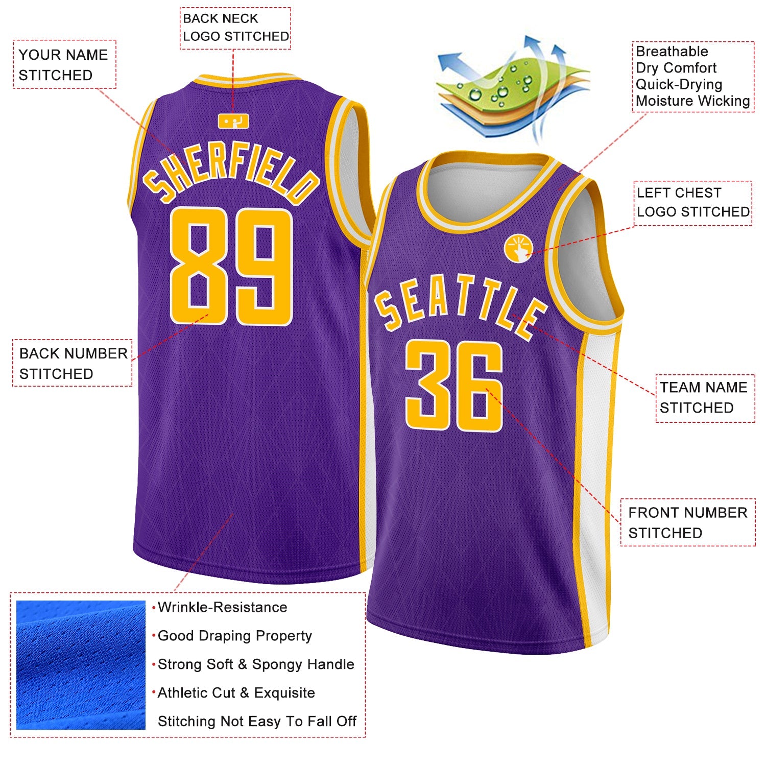 Custom Purple Gold-White Geometric Shapes And Side Stripes Authentic City Edition Basketball Jersey view 2