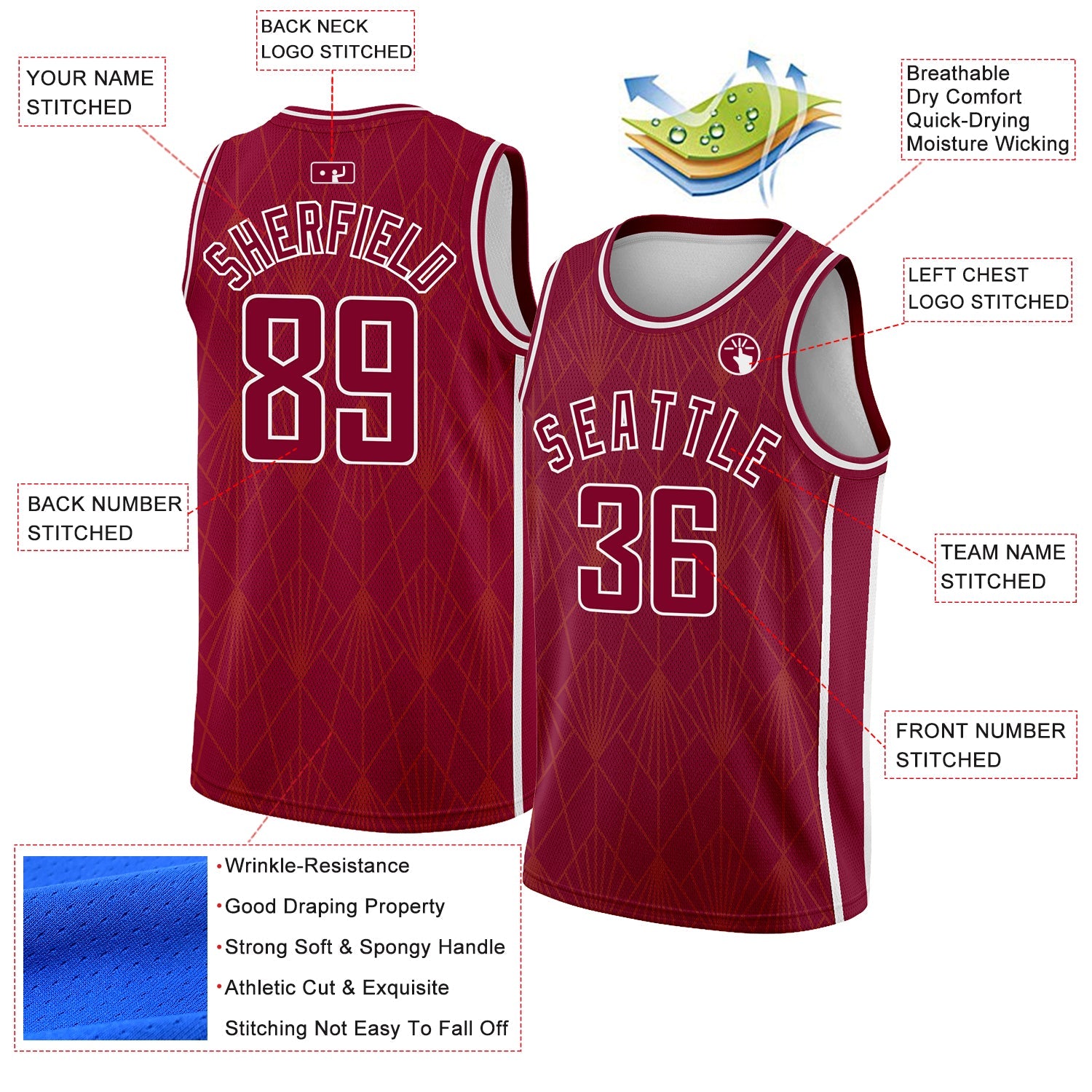 Custom Maroon White Geometric Shapes And Side Stripes Authentic City Edition Basketball Jersey view 2