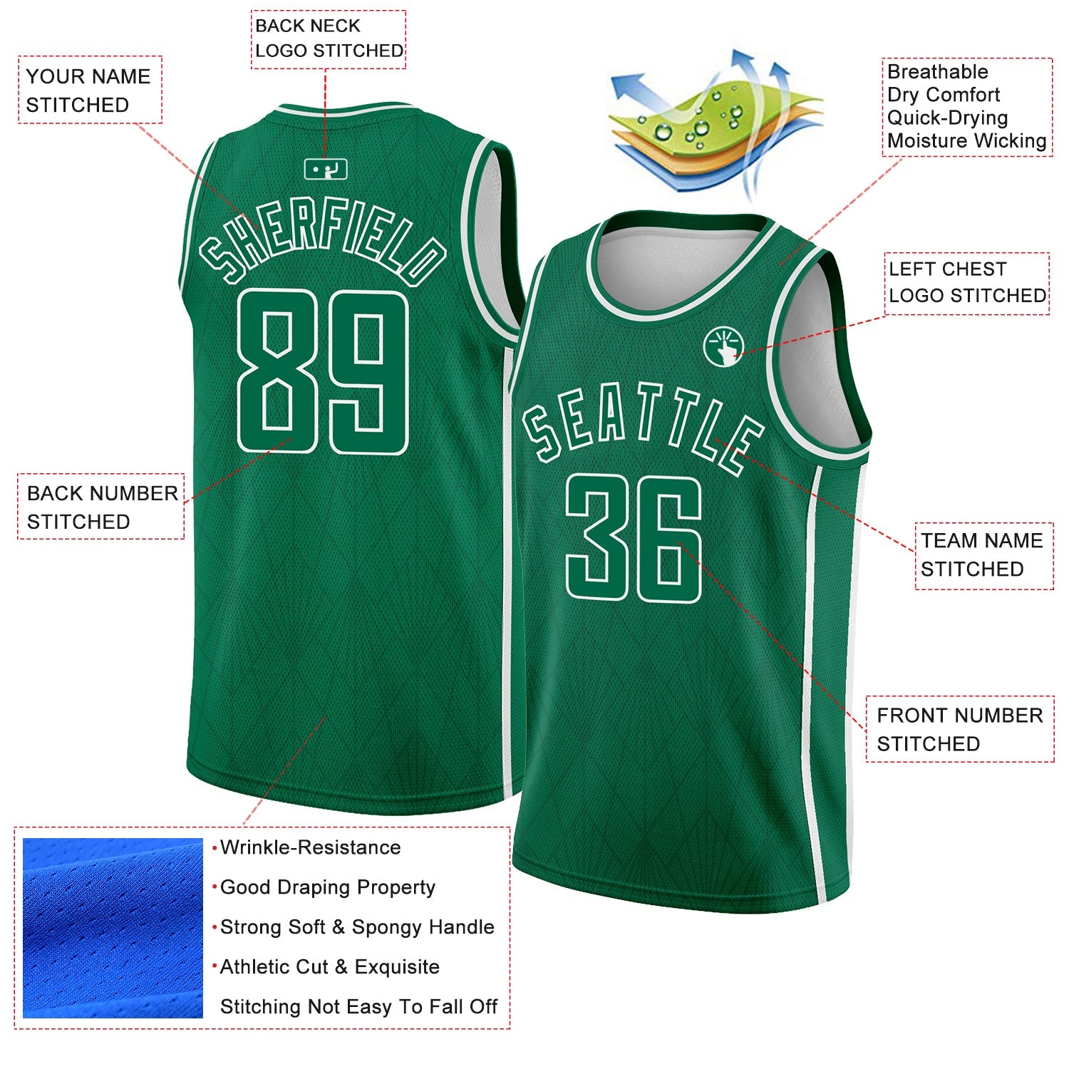 Custom Kelly Green White Geometric Shapes And Side Stripes Authentic City Edition Basketball Jersey view 2