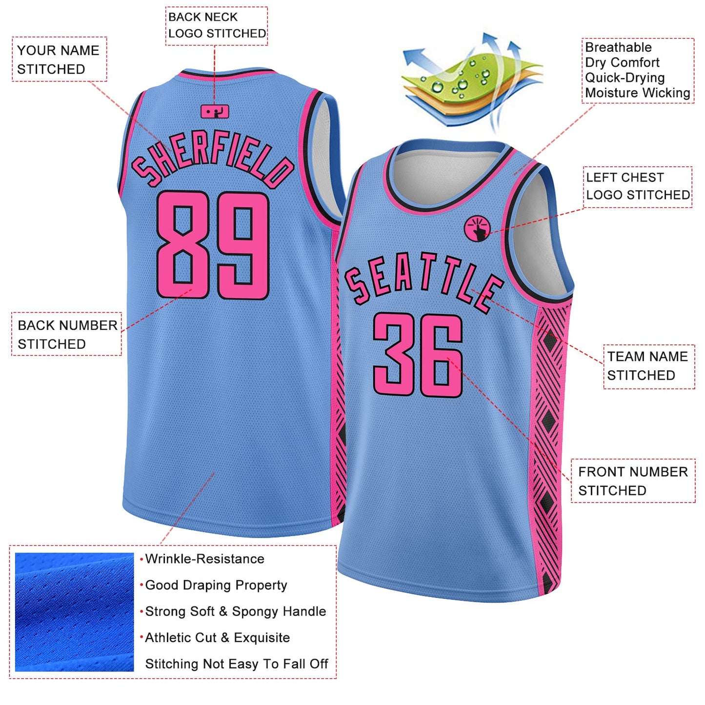 Custom Light Blue Pink-Black Side Panel Abstract Lines Authentic City Edition Basketball Jersey view 2