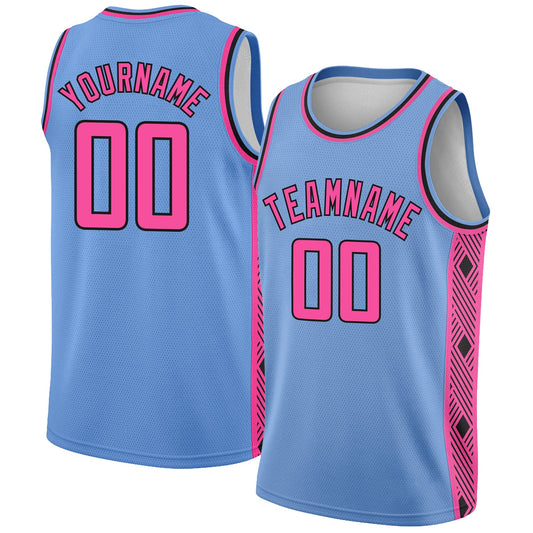 Custom Light Blue Pink-Black Side Panel Abstract Lines Authentic City Edition Basketball Jersey - Main View