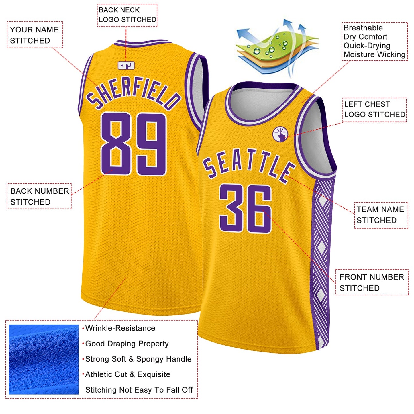 Custom Gold Purple-White Side Panel Abstract Lines Authentic City Edition Basketball Jersey view 2