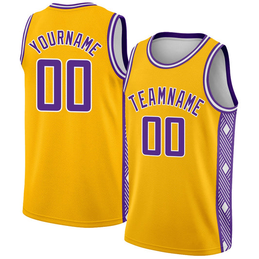 Custom Gold Purple-White Side Panel Abstract Lines Authentic City Edition Basketball Jersey - Main View