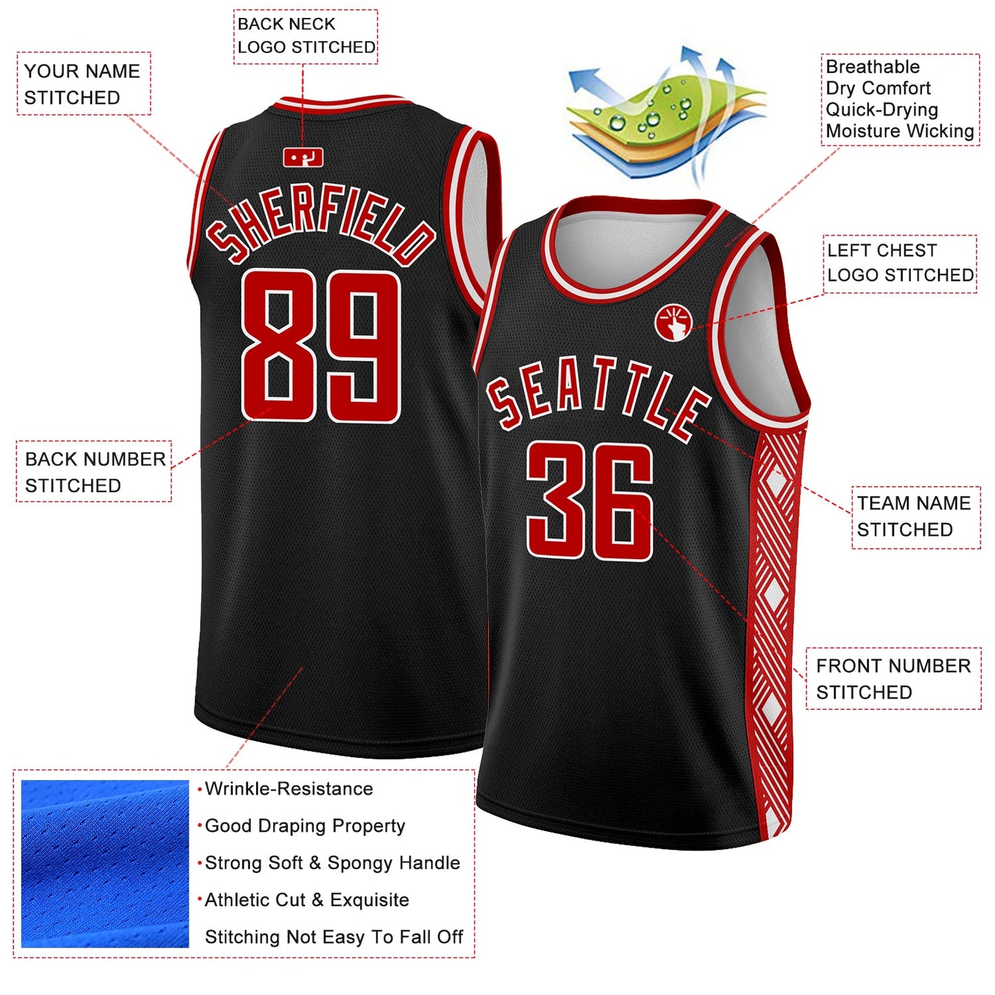 Custom Black Red-White Side Panel Abstract Lines Authentic City Edition Basketball Jersey view 2