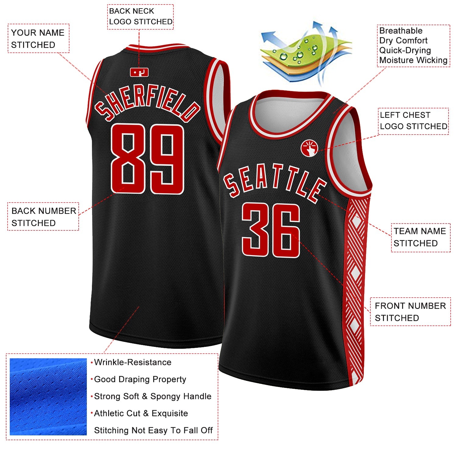 Custom Black Red-White Side Panel Abstract Lines Authentic City Edition Basketball Jersey view 2