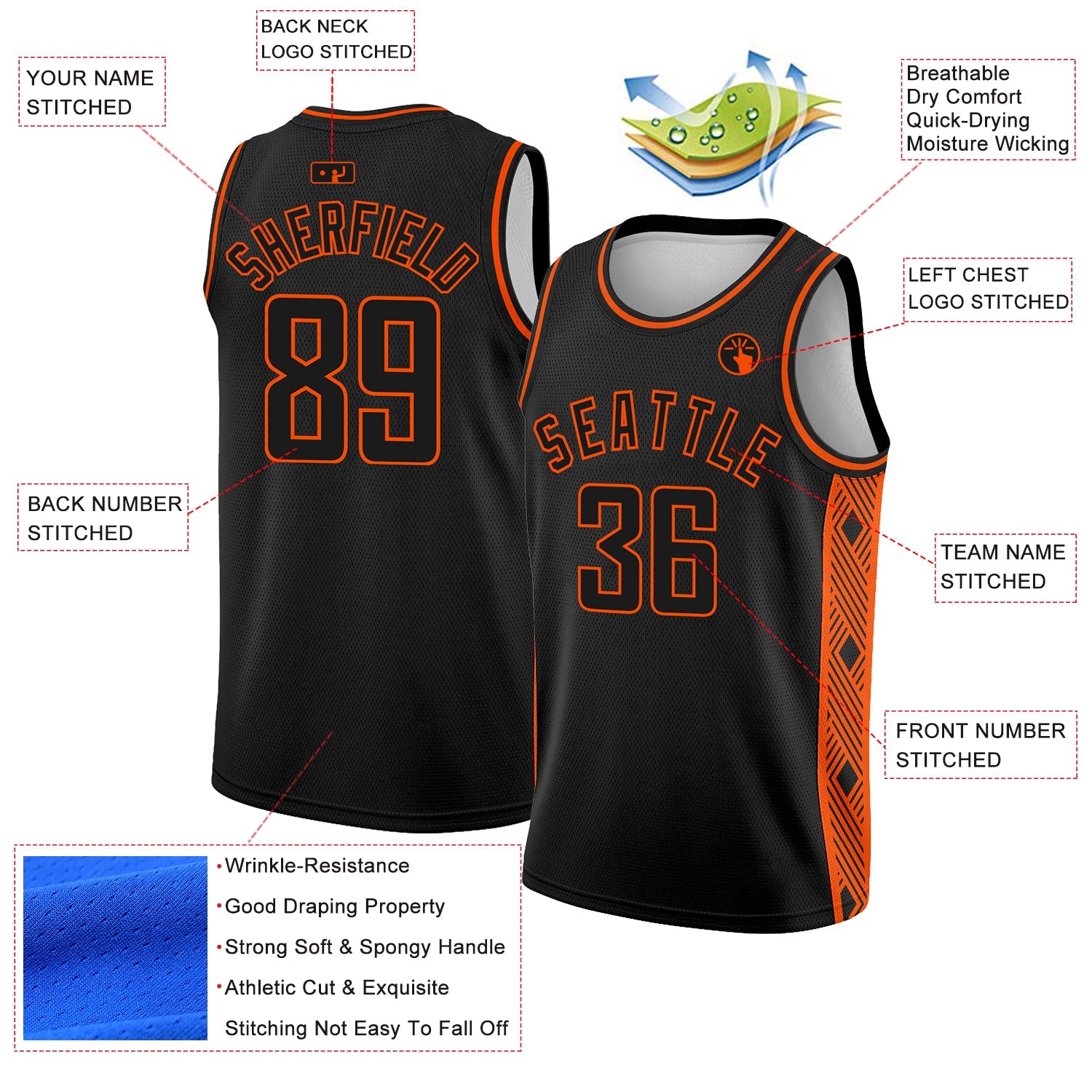 Custom Black Orange Side Panel Abstract Lines Authentic City Edition Basketball Jersey view 2
