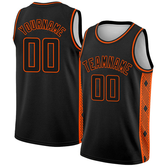 Custom Black Orange Side Panel Abstract Lines Authentic City Edition Basketball Jersey - Main View