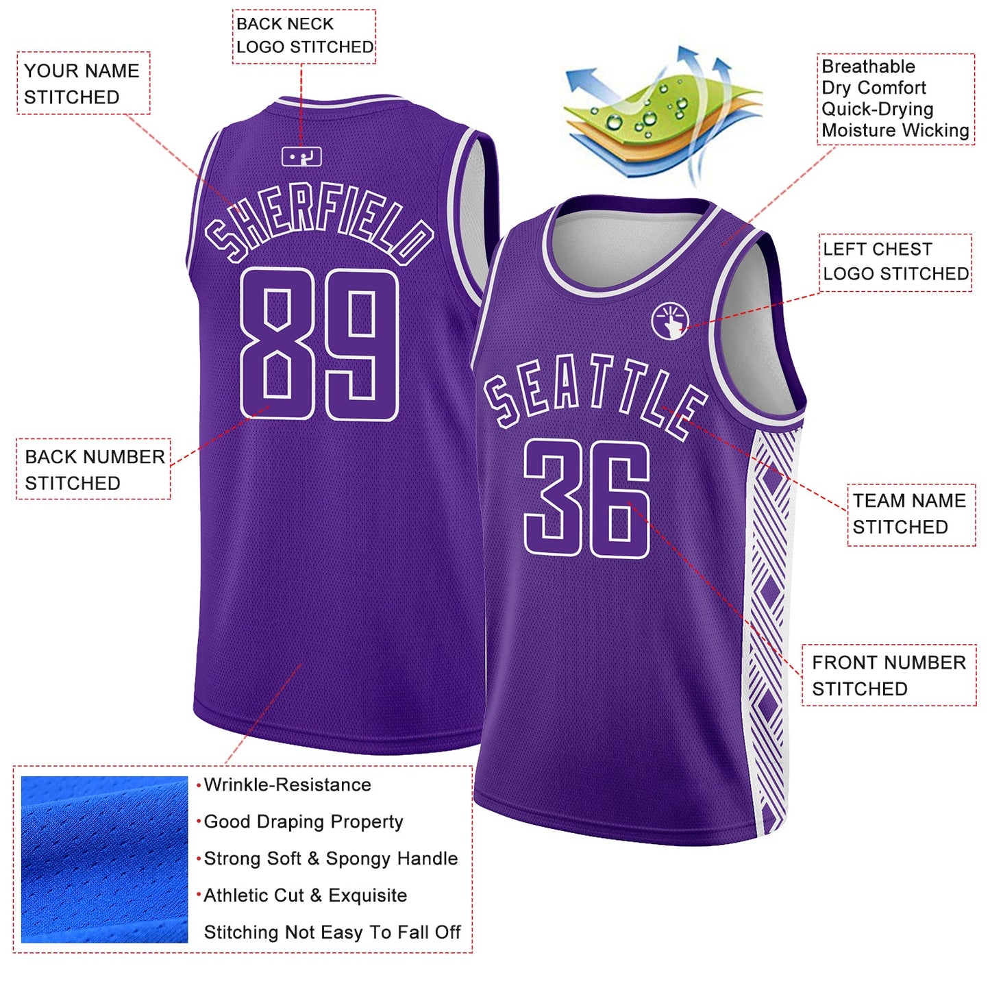 Custom Purple White Side Panel Abstract Lines Authentic City Edition Basketball Jersey view 2
