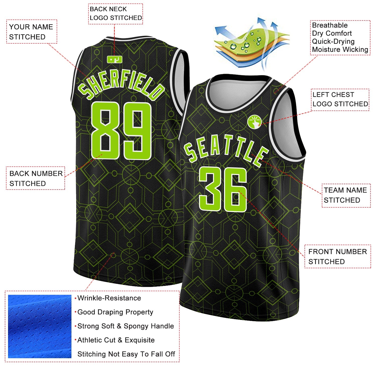 Custom Black Neon Green-White Geometric Shapes Authentic City Edition Basketball Jersey view 2