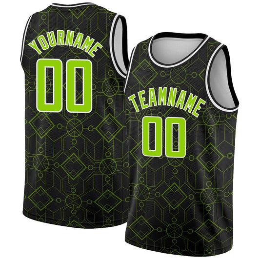 Custom Black Neon Green-White Geometric Shapes Authentic City Edition Basketball Jersey - Main View