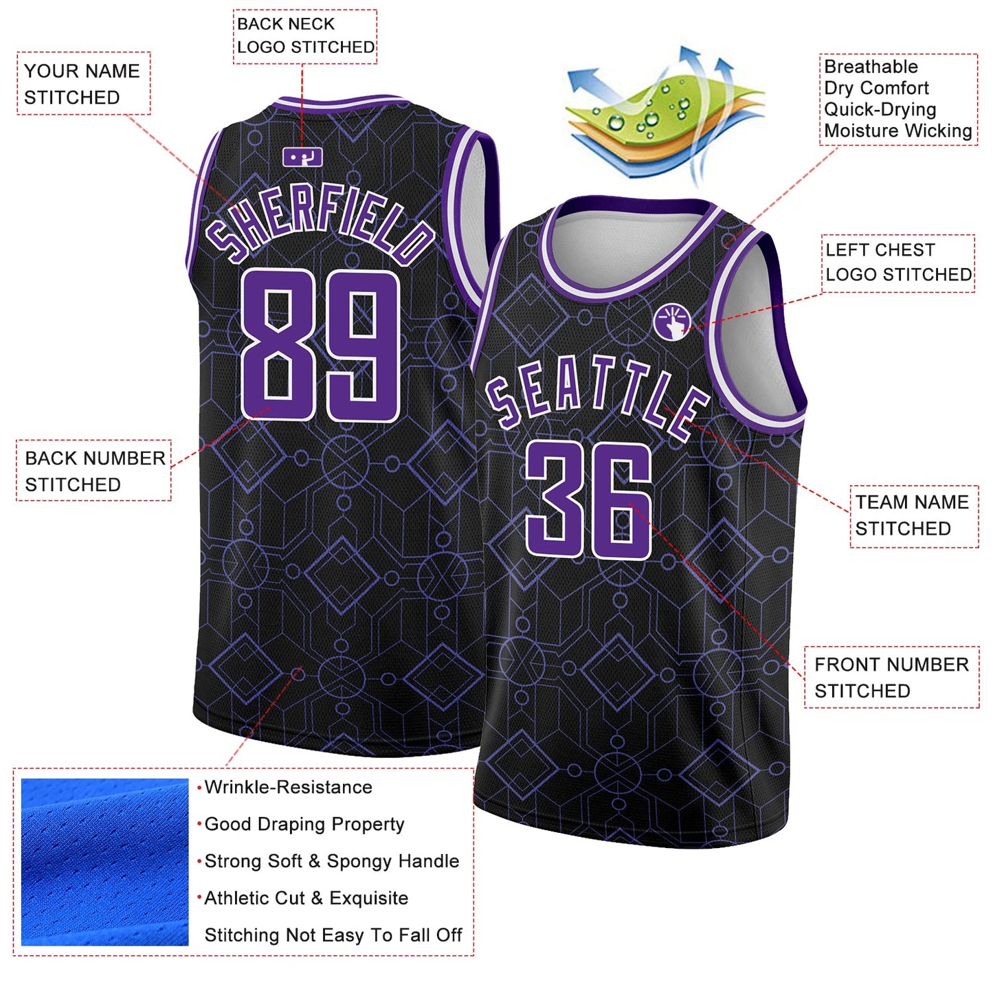Custom Black Purple-White Geometric Shapes Authentic City Edition Basketball Jersey view 2