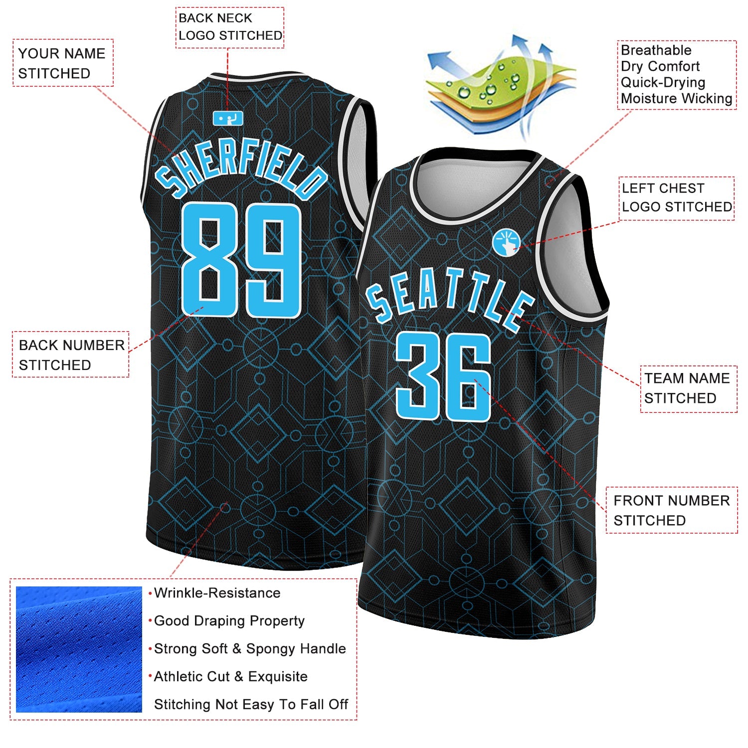 Custom Black Sky Blue-White Geometric Shapes Authentic City Edition Basketball Jersey view 2