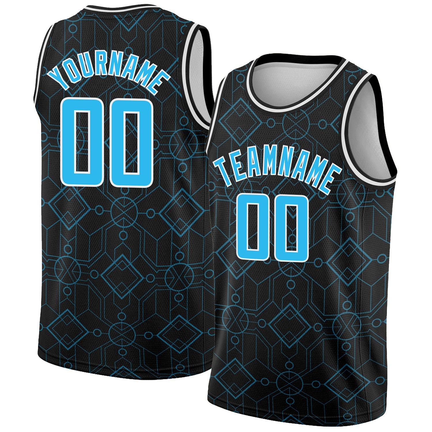 Custom Black Sky Blue-White Geometric Shapes Authentic City Edition Basketball Jersey - Main View