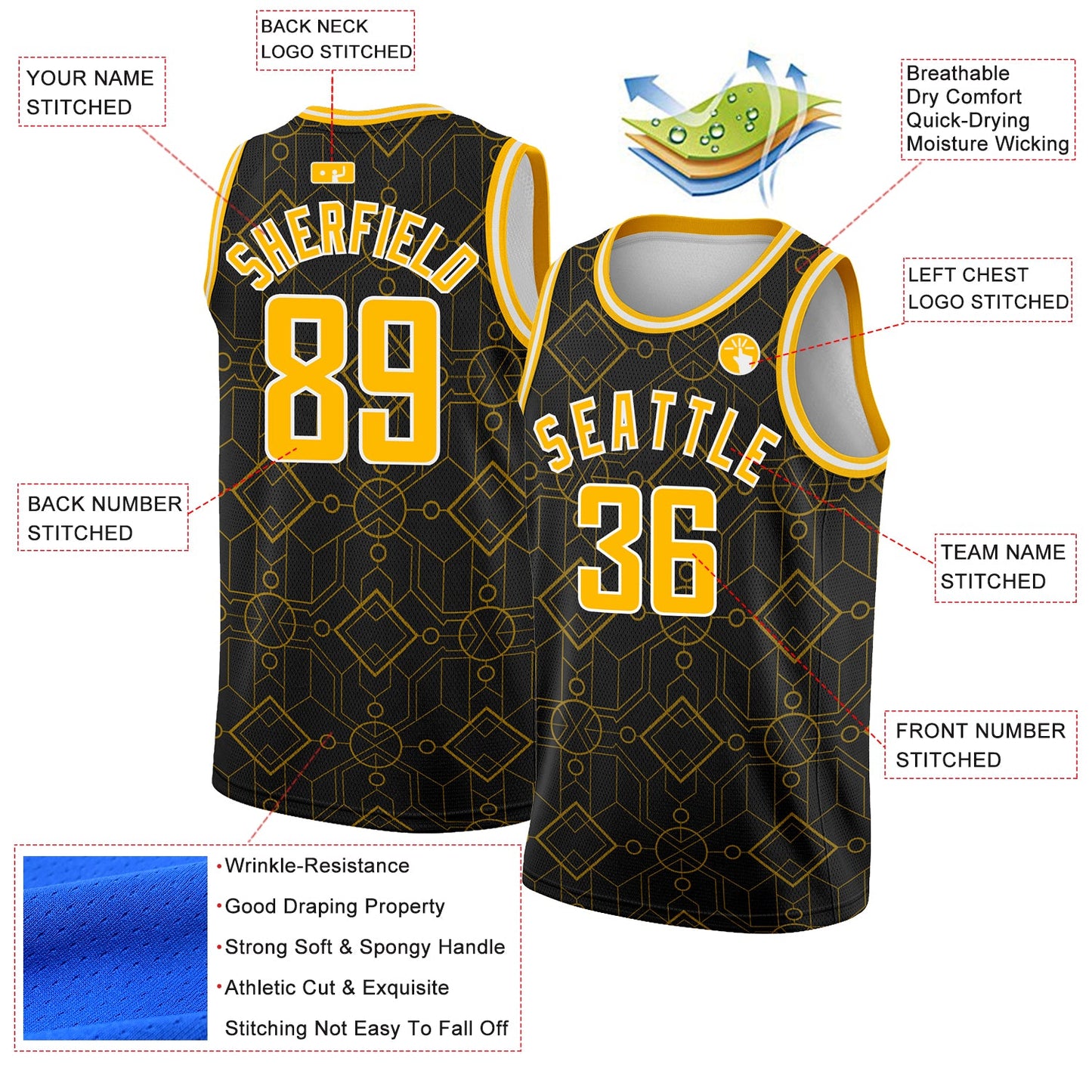 Custom Black Gold-White Geometric Shapes Authentic City Edition Basketball Jersey view 2