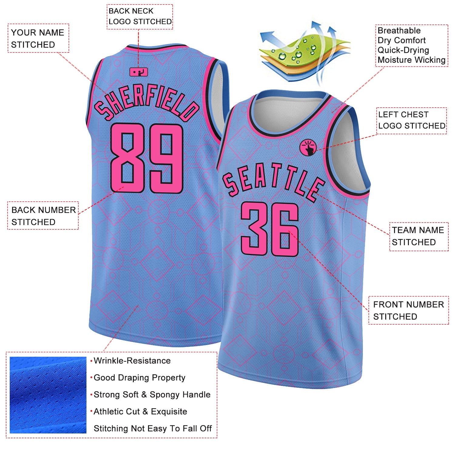 Custom Light Blue Pink-Black Geometric Shapes Authentic City Edition Basketball Jersey view 2