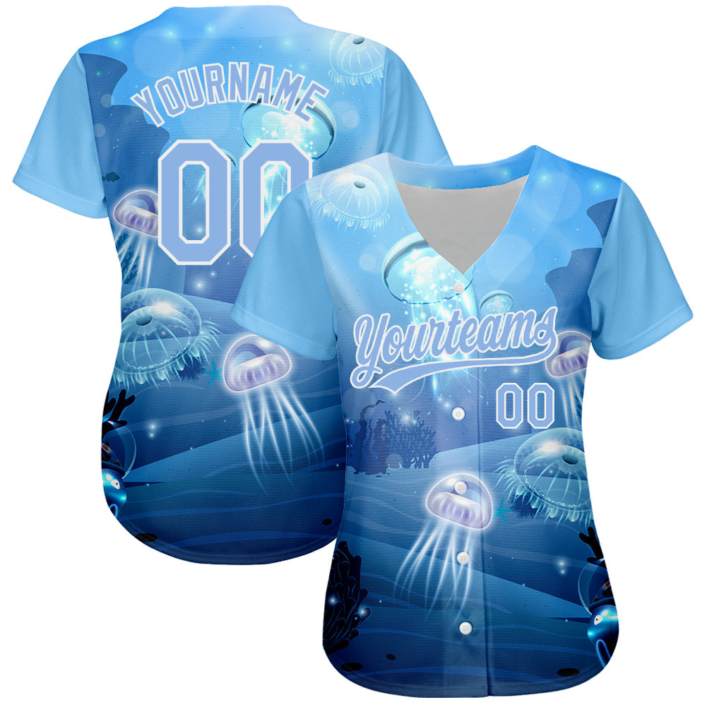 Custom Light Blue White 3D Pattern Design Jellyfish Underwater Life Authentic Baseball Jersey view 2
