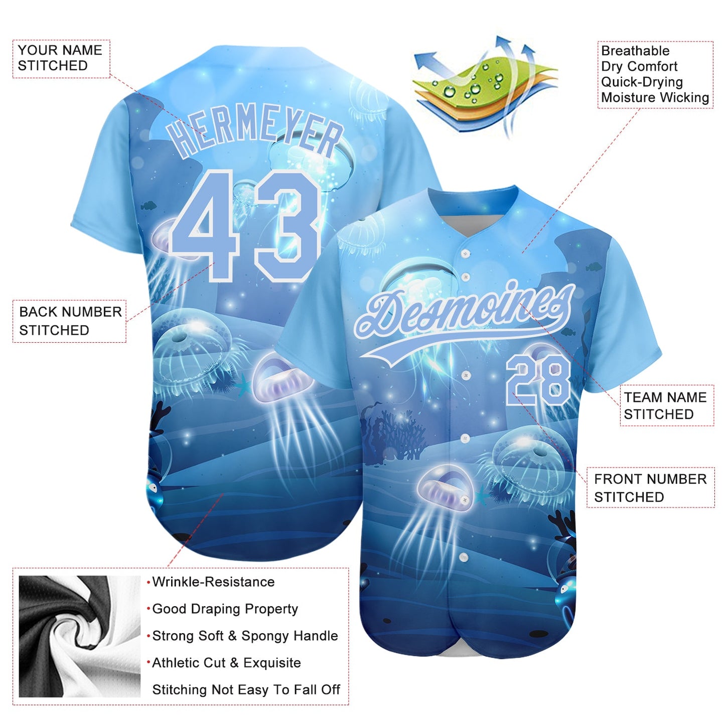 Custom Light Blue White 3D Pattern Design Jellyfish Underwater Life Authentic Baseball Jersey view 3