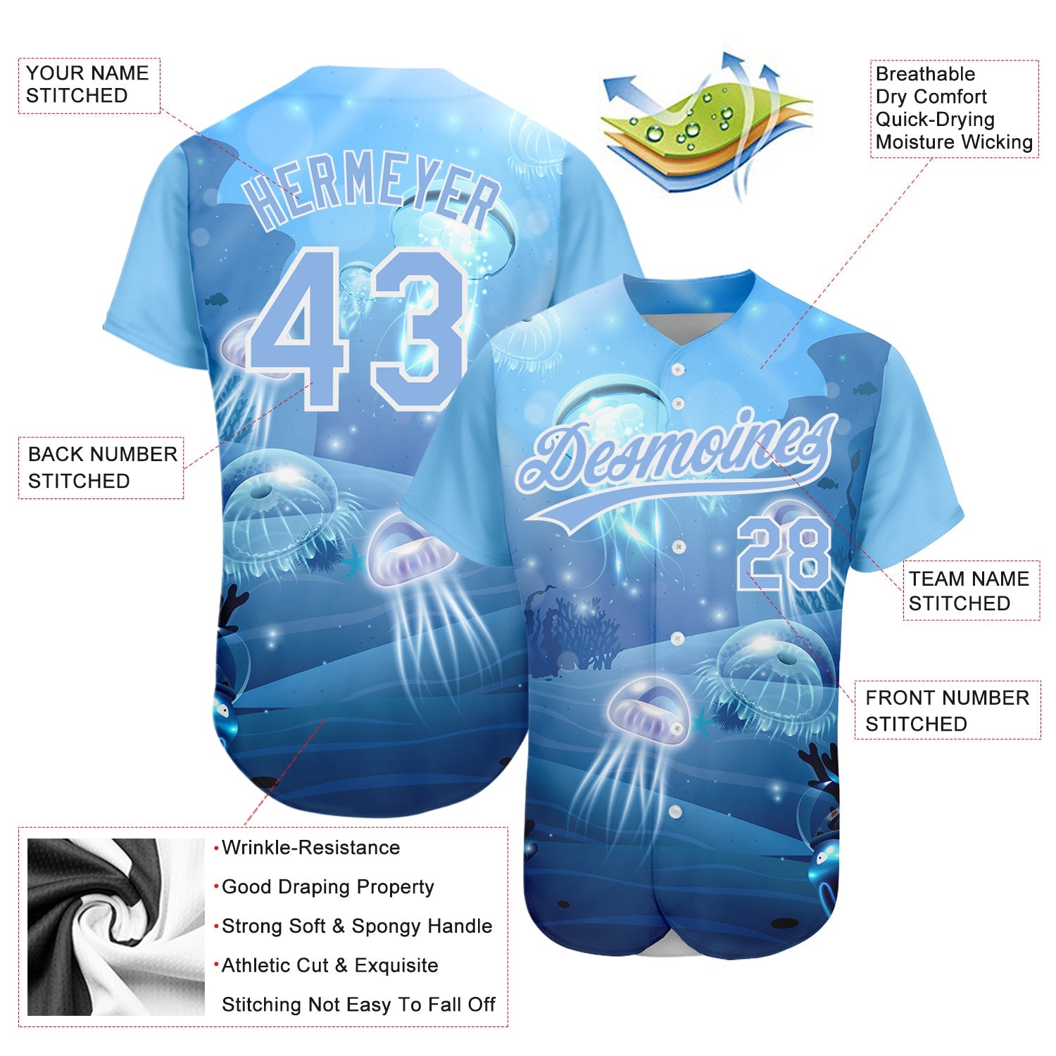 Custom Light Blue White 3D Pattern Design Jellyfish Underwater Life Authentic Baseball Jersey view 3